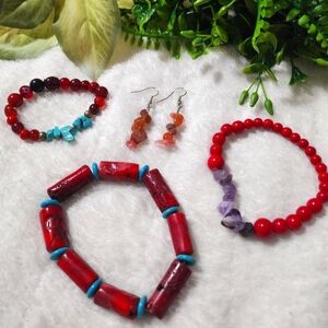 Handmade synthetic stone beaded bracelets and earrings.